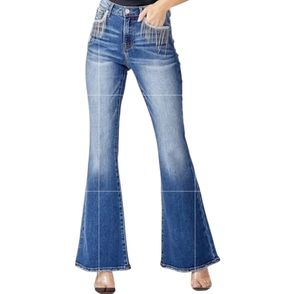 Risen Dolly High Rise Flare Jeans Rhinestones Crystals Tassels - Picture 7 of 14